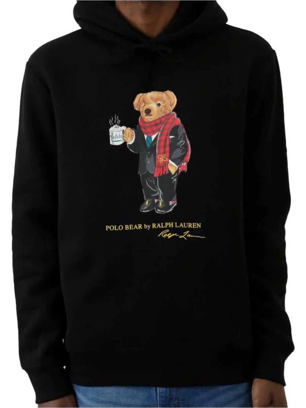 Polo by Ralph Lauren Black Hoodie with Bear Graphic and Red Scarf